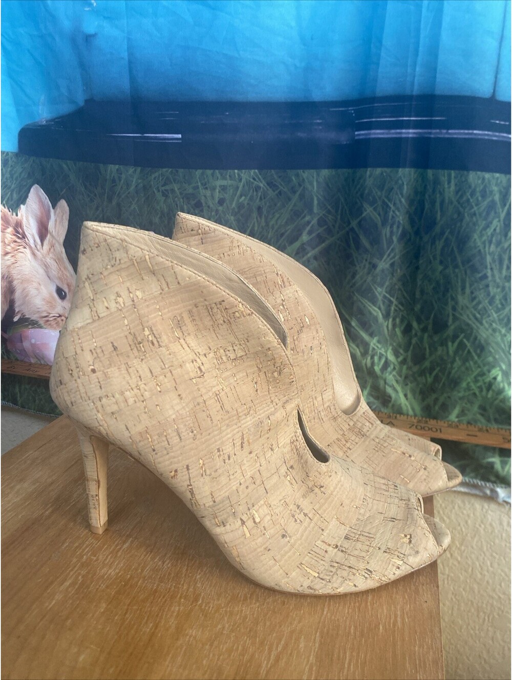 Vero Cuoio Bootie Stiletto Cork Shoes Women 8.Tan Beige Italy Peep Toe Heels